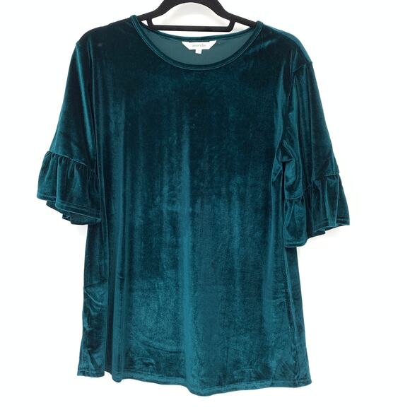 Amaryllis Women's Size M Lightweight Ruffle Short Sleeve Velvet Tee Teal Green - Picture 1 of 7